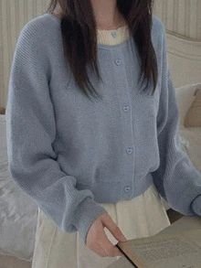 DAZY 女款拼接 2 合 1 寬鬆圓領長袖鈕扣裝飾休閒度假針織套頭毛衣，秋冬款 - 藍色 - 查看 5