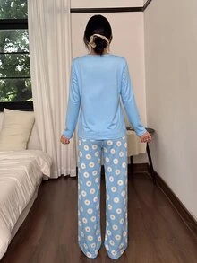 Dream Adore 女款雛菊印花長袖上衣與長褲睡衣套裝 - 天藍色 - 查看 2