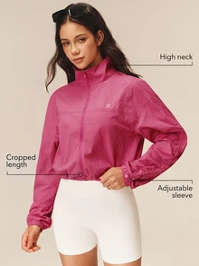 OutZeal Women Sports Jacket Casual Gym Workout Stand Collar Zip Up Cropped Jacket - Hot Pink - View 2