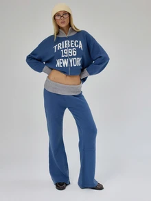 MUSERA Foldover Ribbed Knitted Loose Wide Leg Fit Coord Trouser  Fall Autumn Winter Coolgirl Back To School Blancs - Navy Blue - View 1