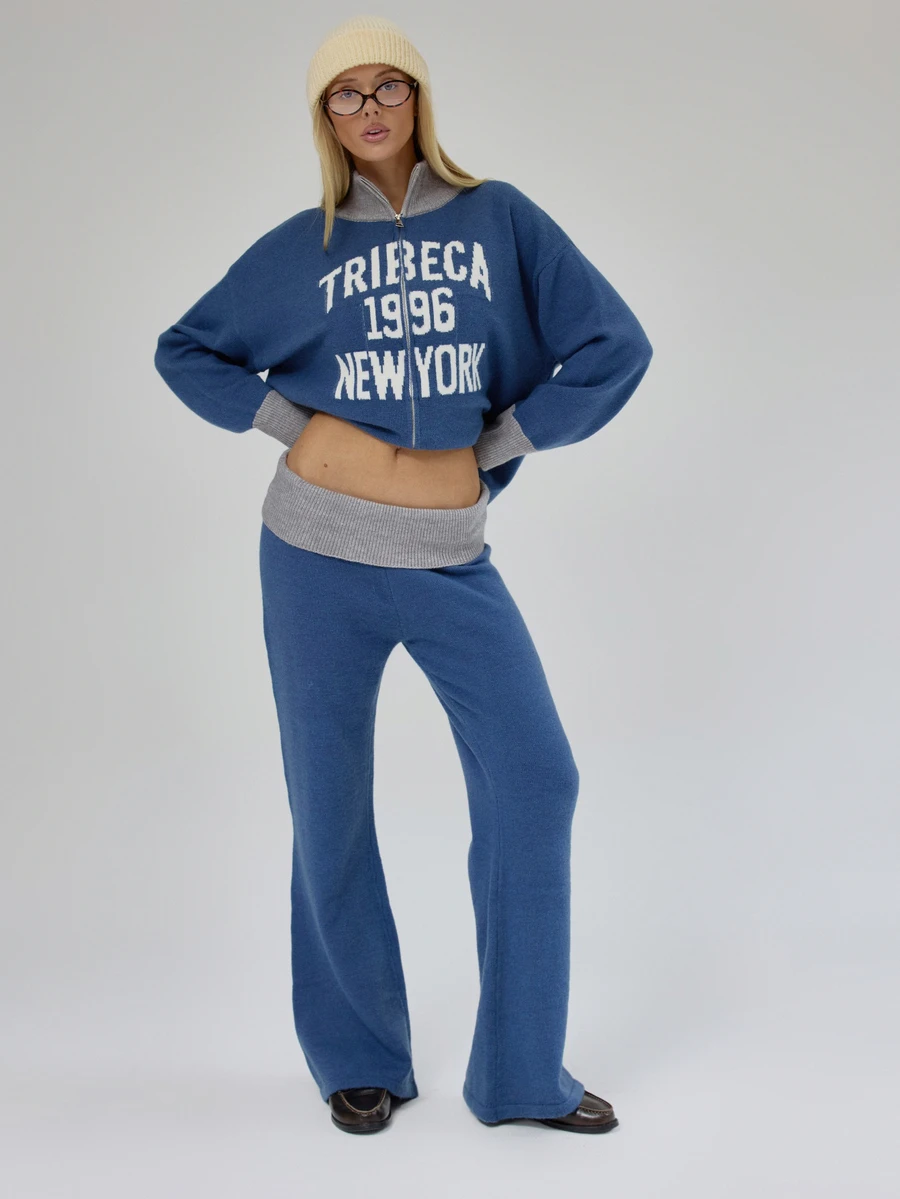 MUSERA Foldover Ribbed Knitted Loose Wide Leg Fit Coord Trouser Fall Autumn Winter Coolgirl Back To School Blancs - Navy Blue - View 1