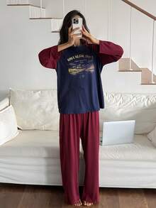 DAZY Women's Letter Print Colorblock Top And Pants Pajama Set - Multicolor - View 7