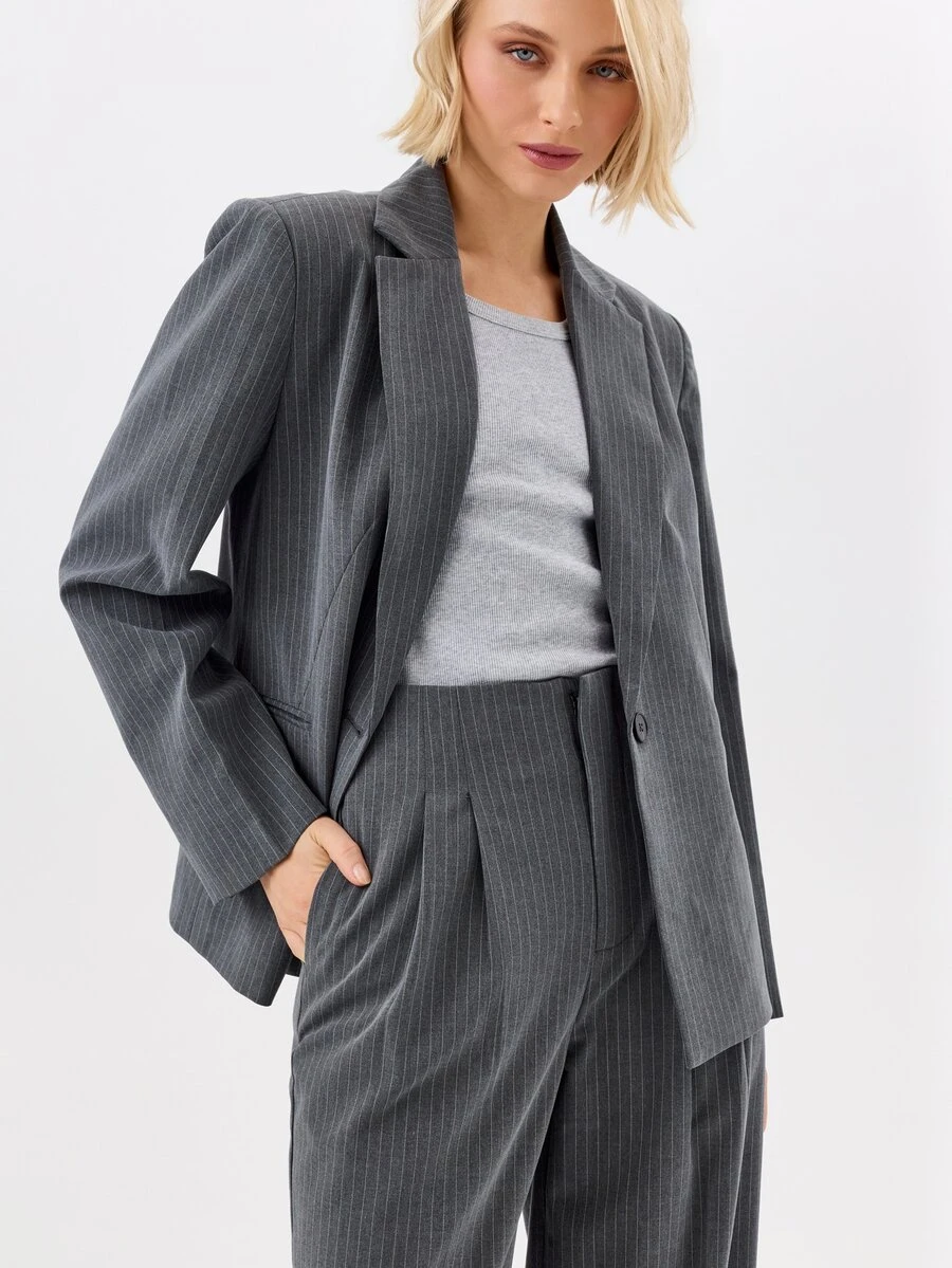KÆRIA Hus Relaxed Single Breasted Blazer - Compact Tailoring - Charcoal Pinstripe - Elegant, Luxury - Dark Grey - View 1