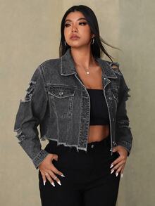 SHEIN ICON 大尺碼女款單排扣休閒日常牛仔夾克 - 深灰色 - 查看 3