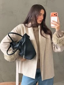 Aloruh 女款復古人造毛飾邊袖口大衣 - 卡其色 - 查看 3