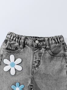 Girls/Toddlers Fashion Snowflake Washed Distressed Embroidery Flare Pants - Light Grey - View 5