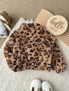 SHEIN 女嬰可愛百搭休閒毛絨碎花長袖冬季外套 - 卡其色 - 查看 2