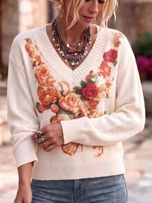Linavere Women's V-Neck Floral Pattern Casual Daily Long Sleeve Sweater - White - View 4