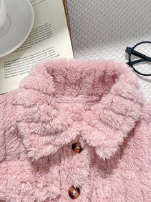 Baby Girl Pink Ribbed Fuzzy Thick Warm Turn-Down Collar Short Jacket, Pocket Decor, Suitable For Autumn/Winter Outdoor Wear - Pink - View 5