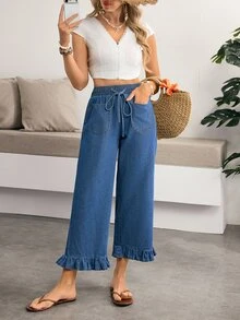SHEIN CURVE+ 大尺碼女款休閒寬鬆寬腿牛仔褲，附腰部綁帶 - 藍色 - 查看 5