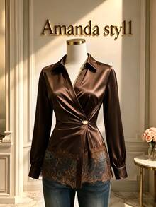 SHEIN LUNE Fall Clothes FOR WomenWomen's Metal Buckle Satin & Lace Patchwork Blouse - Brown - View 3