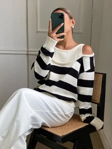 DAZY Women's Contrast Color Striped Loose 2 In 1 Cold Shoulder Long Sleeve Casual Vacation Korean Style Autumn/Winter Knit Sweater - Apricot - View 5