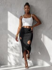BamGlimmer Women's Cutout Design Asymmetrical Hem Knit Design Skirt - Black - View 3