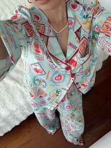 CottageSlumber Light Bottom Vintage Postage Stamp Fruit Print Lapel Long Sleeve Cardigan & Pants Women's Pajama Set - Mint Blue - View 3