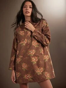 WESTFADE High Neck Button Front Long Sleeve Floral Print Denim Mini Dress, Fall Winter 2026 Western Style, Cowgirl Clothing, Rodeo, Female Country Look, Autumn - Multicolor - View 1