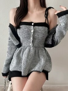FRIFUL Women's Button Long Sleeve Contrast Color Sweater And Knit Dress 2 Pieces Set Brunch Black And White Striped Fall French Elegant Everyday Date Winter - Grey - View 5