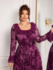 Modelyn Elegant Mesh Flocked Print Ruffle Square Neck Long Sleeve Cinched Waist A-Line Regular Fit Plus Size Dress For Spring And Autumn - Red Violet - View 3