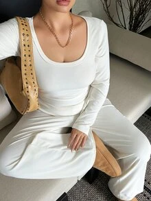 Livesso 純色修身短版上衣與寬鬆長褲慵懶風白色兩件套 - 杏色 - 查看 8