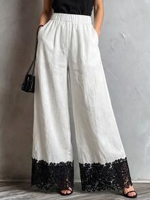 Breezaya Women's Fashion Minimalist Lace Patchwork Loose Pocket Long Pants - Apricot - View 1