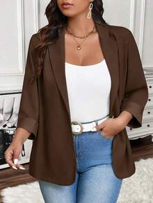 SHEIN LUNE Jaket Blazer Kasual Wanita Ukuran Besar Warna Polos Kerah Berlengan 3/4 untuk Beraktivitas di Luar Rumah - Chocolate Brown - View 1