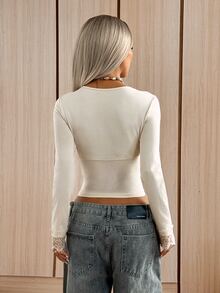SHEIN EZwear Light Apricot Lace Patchwork Knit Women's T-Shirt - Apricot - View 2