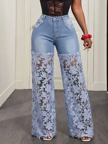 Slaydiva Celana Jeans Wanita Model Lurus Elegan dengan Saku dan Renda Kontras - Biru - View 1