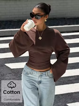 Muchica Damen braunes lässiges bequemes Fledermausärmel Langarm Herbst/Winter T-Shirt