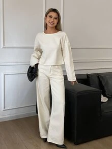 Livesso Women's Elegant Long Sleeve Shirt And Button Pocket Denim Pants Set Fall - White - View 3