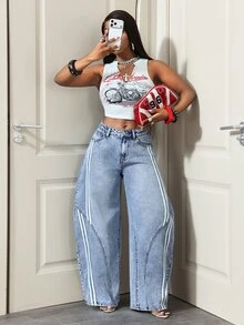 Slaydiva Celana Jeans Wanita Ukuran Standar Cowgirl Warna Biru, Tidak Melar, Potongan Kaki Melengkung - Light Wash - View 8