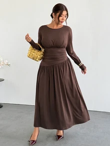 Firerie Plus Size Women's Solid Color Pleated Casual Party Dress - Coffee Brown - View 4