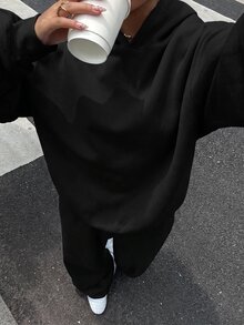 Muchica 休閒極簡風女款兩件套，秋冬女款帽 T 與運動長褲套裝，適合秋冬，百搭，適合日常穿著 - 黑色 - 查看 6