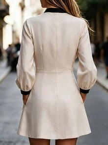 SHEIN 新款中式風格對比飾邊盤扣女款洋裝，立領燈籠袖，收腰A字版型迷你洋裝，附口袋 - 杏色 - 查看 3