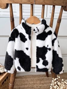 SHEIN 女嬰可愛百搭休閒毛絨碎花長袖冬季外套 - 黑與白 - 查看 5