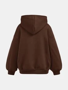 SHEIN Girlism 青少年女孩深棕色休閒連帽衛衣，秋冬款，附口袋，十字設計，百搭長袖套頭衫，英文標語灰色 - 棕色 - 查看 2