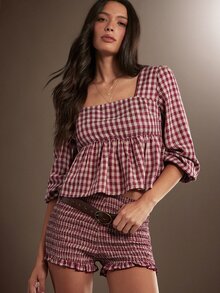 WESTFADE Gingham Plaid Long Sleeve Ruffle Babydoll Top & Smocked Bloomers Shorts Women Two Piece Matching Sets, Fall Winter 2026, Western, Cowgirl, Country - Multicolor - View 2