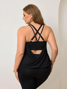Easithlete Plus Size Women's Built-In Padded Knit Sleeveless Open Back Yoga Jogging Pilates Sports Top Gym Black Summer Kawaii - Black - View 6