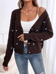 SHEIN Frenchy 愛心刺繡開襟衫，長袖上衣，秋冬針織毛衣 - 咖啡棕 - 查看 6