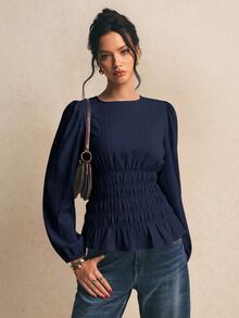 Poéselle Atasan Lengan Panjang Wanita Warna Polos Berlipit, Kasual, Serbaguna untuk Sehari-hari - Navy Blue - View 6