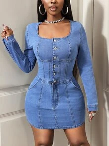 Slaydiva Women's Fashion Fitted Street Style Sexy Button-Up Structured Panel Blue Denim Dress - Dark Wash - View 4