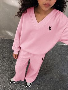 SHEIN 兒童青少年女孩灰色兩件套，印花返校秋季休閒校園風 V 領毛茸茸柔軟彈性運動衫與針織寬腿運動長褲 - 粉色 - 查看 6