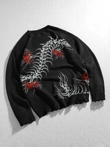 ROMWE MEN Men's Crew Neck Centipede Dark Knit Sweater Streetwear - Black - View 4