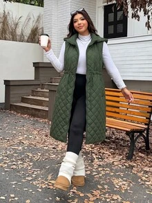 SHEIN EZwear 秋冬大尺碼加厚腰部抽繩可調節寬鬆長版外套，雙面穿 - 軍綠色 - 查看 2