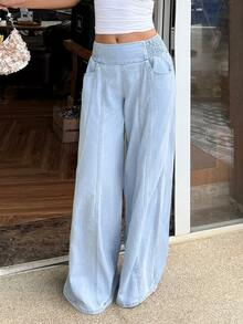 SHEIN CURVE+ Celana Jeans Kasual Ukuran Besar dengan Potongan Lebar - Biru - View 3