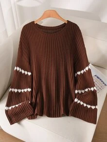 CosyJoli Plus Size Women's Heart Pattern Crew Neck Drop Shoulder Long Sleeve Casual Pullover Sweater Winter - Brown - View 1