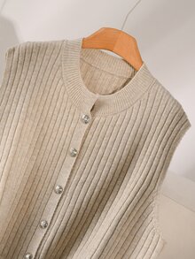 CosyJoli Plus Size Elegant French Casual Ribbed Knit Sweater Top With Metal Buttons, Minimalist Versatile For Women Winter - Apricot - View 4