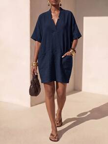 Zivah Women's Minimalist Textured Pocket Dress For Vacation - Navy Blue - View 1