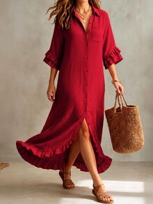 Linhara CURVE Plus Size Women's Solid Color Pleated Casual Party Dress - Red - View 5