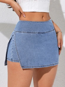 Rivivi Plus Size Women's Casual Versatile Everyday Denim Skorts - Blue - View 5