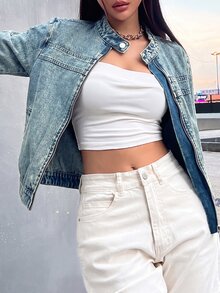 Jeanoix Y2K Women's Fashion Small Stand Collar Zipper Vintage Washed Denim Jacket - Medium Wash - View 5
