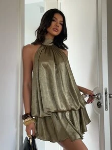 Aloruh 女款優雅淡黃色掛脖綁帶迷你洋裝 - 橄欖綠 - 查看 6